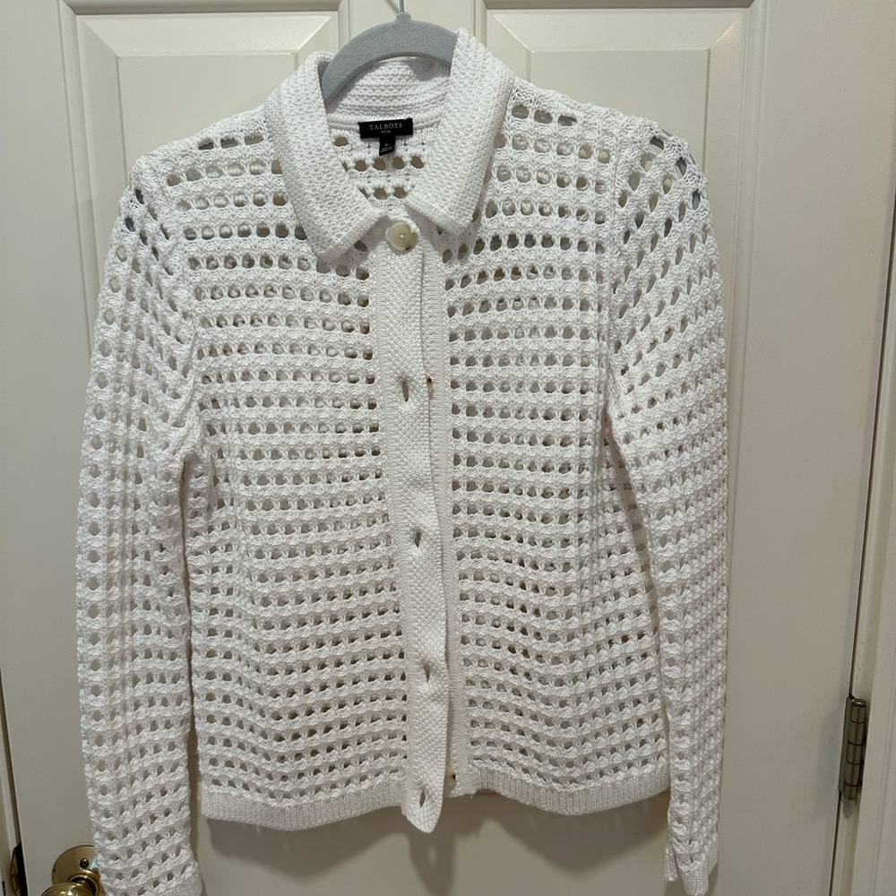 NWOT Talbots White Open Stitch Polo Cardigan
